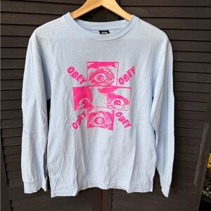 Obey Pale Blue Long Sleeve Tee with Neon Pink Eye Graphic